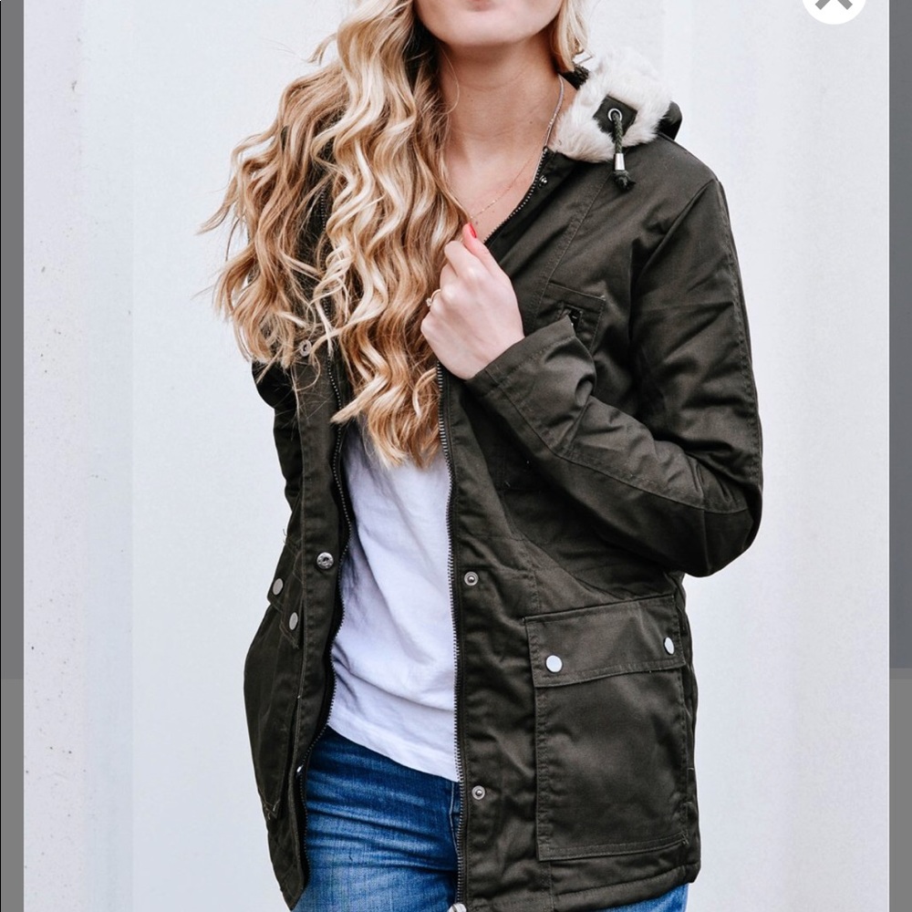 Dark Olive & Cream Faux Fur-Hood Parka.